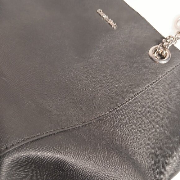 Calvin Klein Hayden Saffiano Black Leather Tote Silver Chain Handles Used - Picture 6 of 16